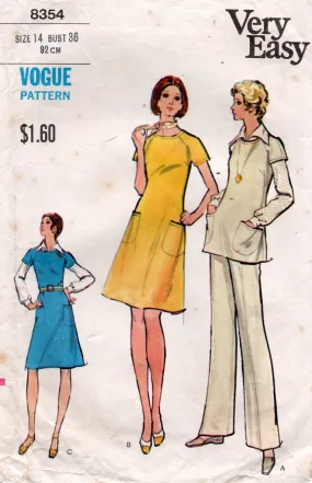 Vogue 8354 EASY Womens Raglan Sleeved Dress Jumper Tunic Blouse & Pants 1970s Vintage Sewing Pattern Size 14 Bust 36 inches