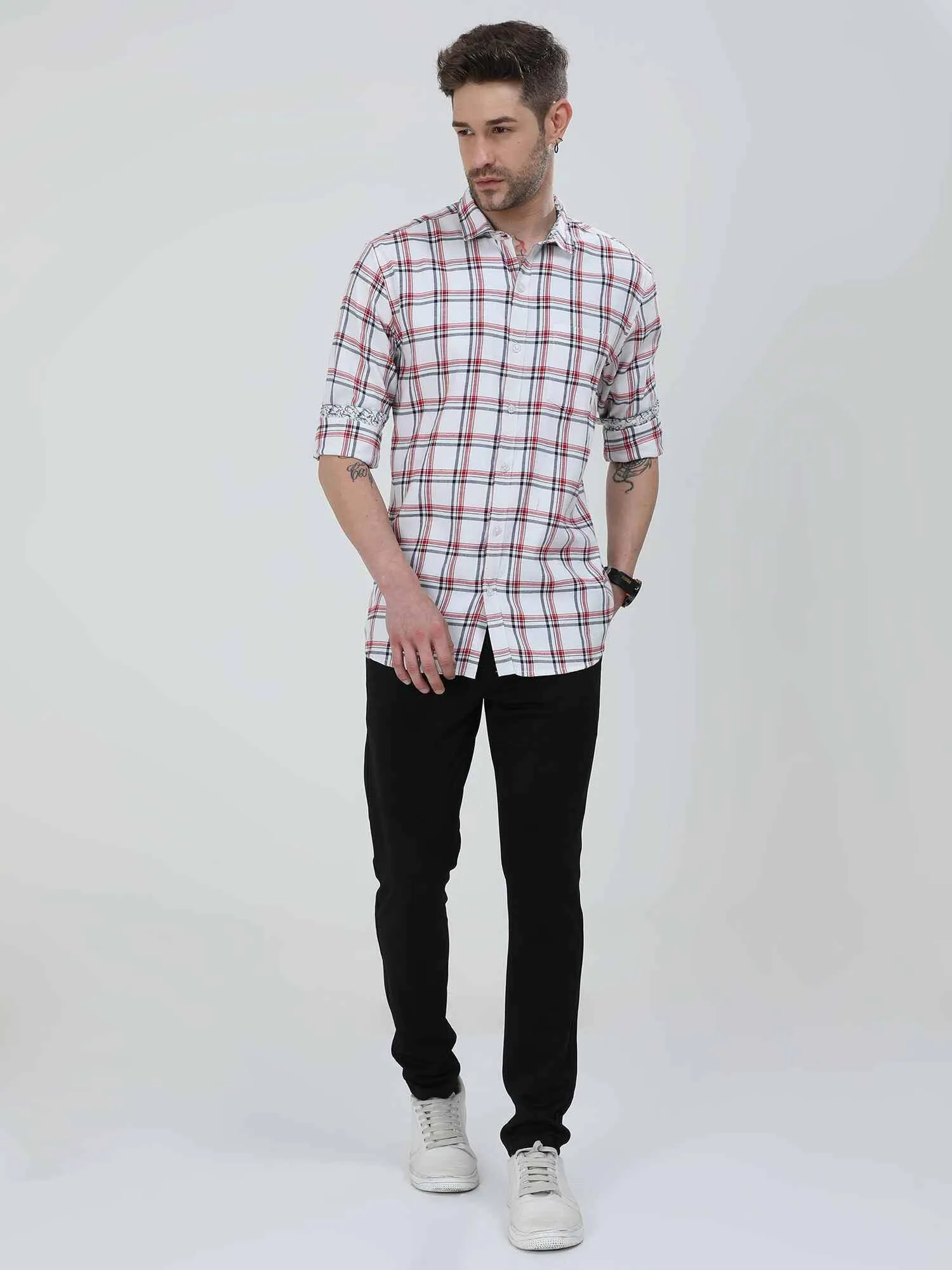 White and Red Checkered Cotton Shirt