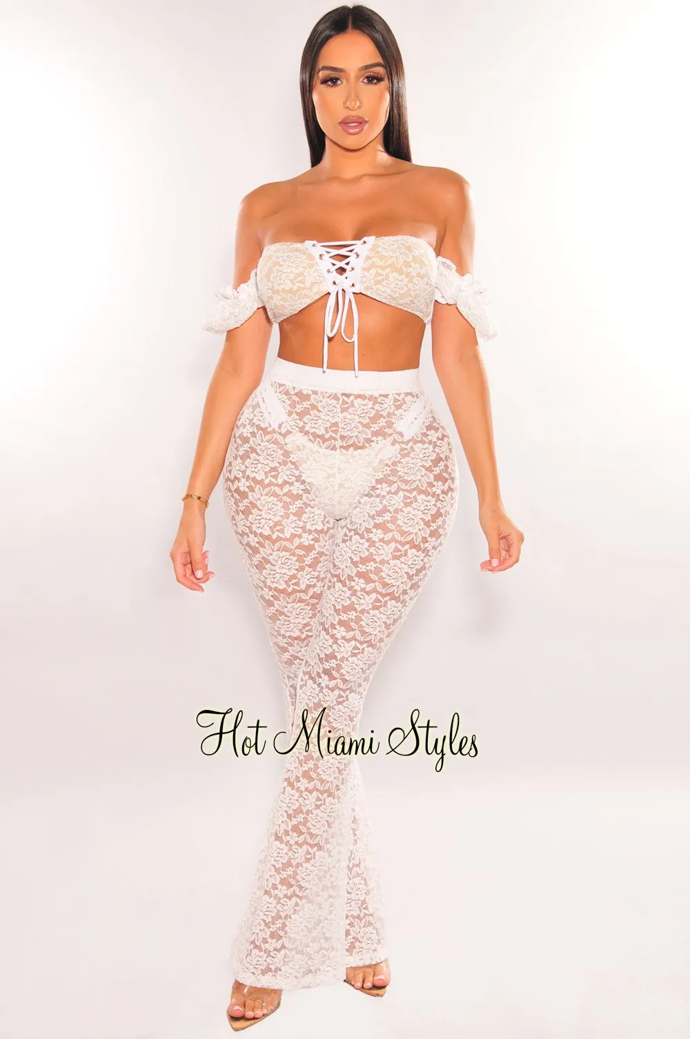 White Floral Lace Sheer High Waist Flare Cover Up Pants