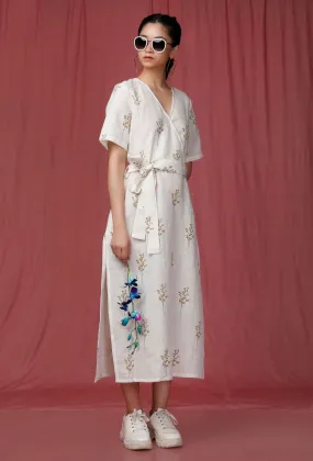 White Handblock Printed overlap Linen Dress