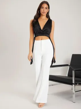 White Solid Zipper Fly Flare Leg High Waist Pants