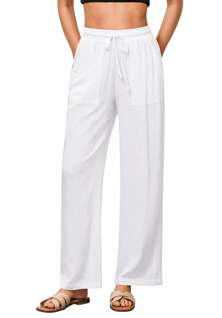 White Women's Lounge Elastic Waist Pants with Pockets Soft Quick Dry Wide Leg