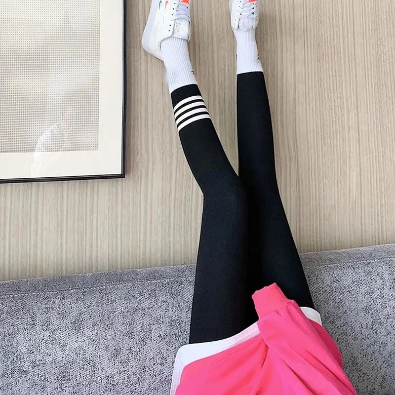 Winter Korean Fashion Striped Plush Thick Warm Comfortable High Waist Stretchy Leggings