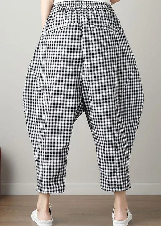 women black plaid casual cotton pants plus size big pockets crop pants