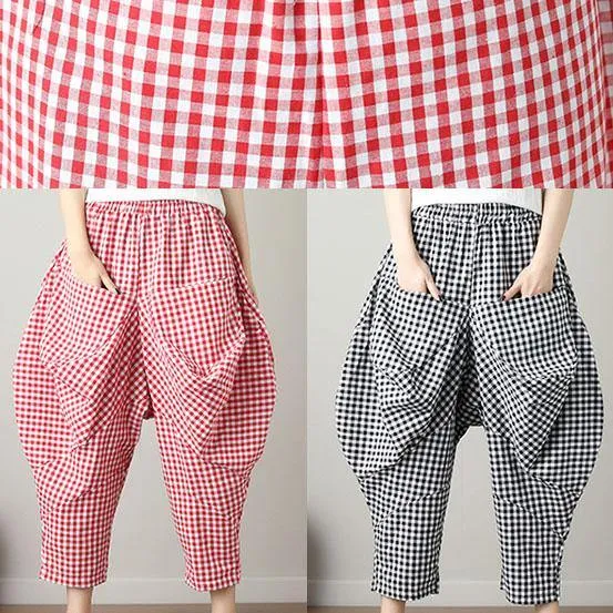 women black plaid casual cotton pants plus size big pockets crop pants