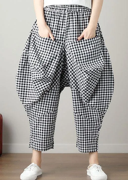 women black plaid casual cotton pants plus size big pockets crop pants