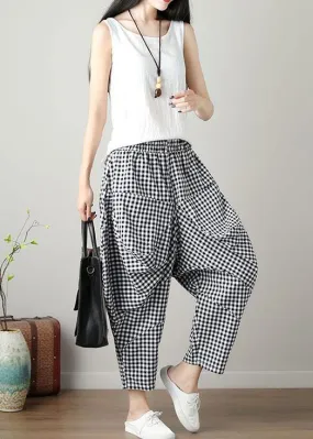 women black plaid casual cotton pants plus size big pockets crop pants