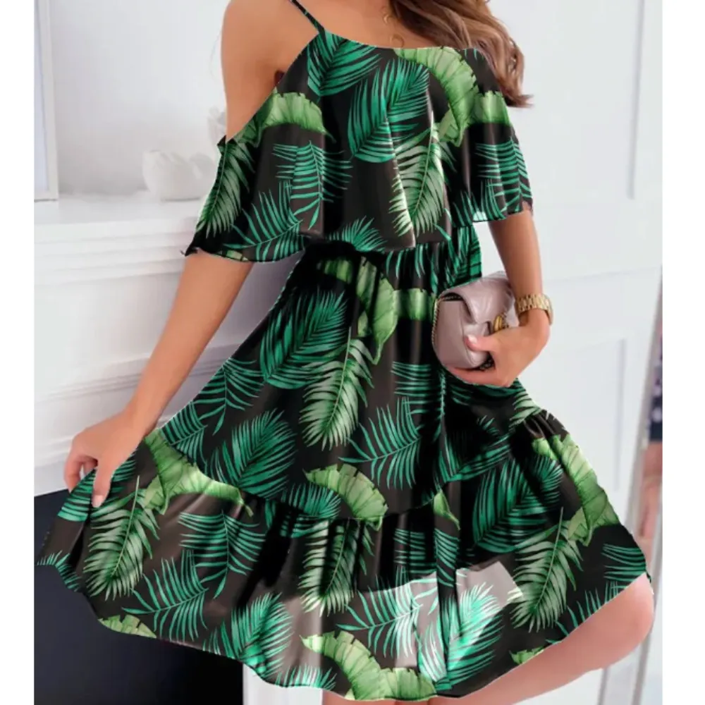 Women Cold Shoulder Ruffle Chiffon Beach Dress