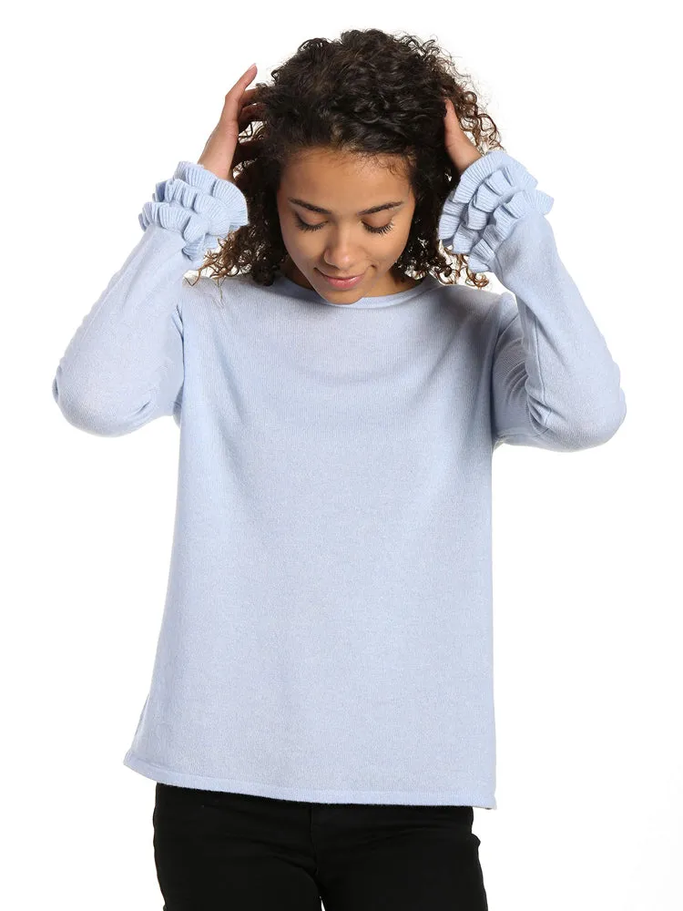 Women's 100% Cashmere Crew Neck Sweater with Ruffle Sleeve