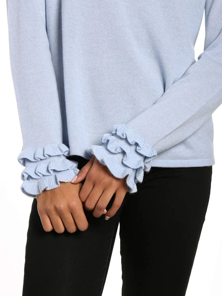 Women's 100% Cashmere Crew Neck Sweater with Ruffle Sleeve