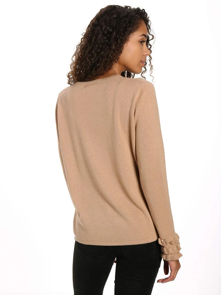 Women's 100% Cashmere Crew Neck Sweater with Ruffle Sleeve