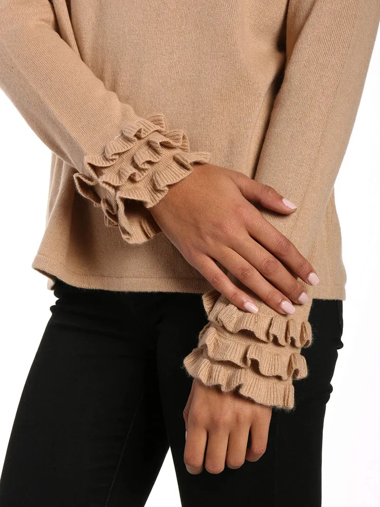 Women's 100% Cashmere Crew Neck Sweater with Ruffle Sleeve