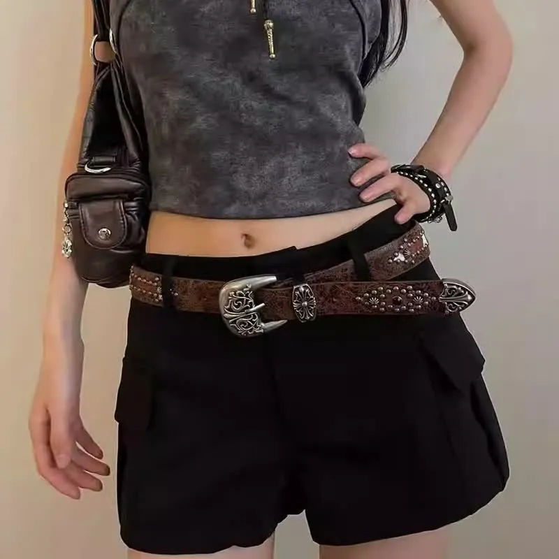 Women's Brown Arrow Shape Rivets Studded Leather Belt