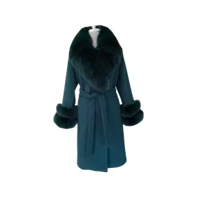 Women's DARK GREEN Wool Coat with detachable Fox Collar and Cuffs  Trimmed Hood Style # K-10