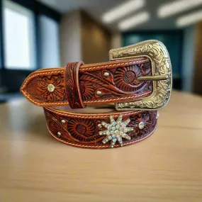 Women's Embossed Western Leather Belt with Bling Stars