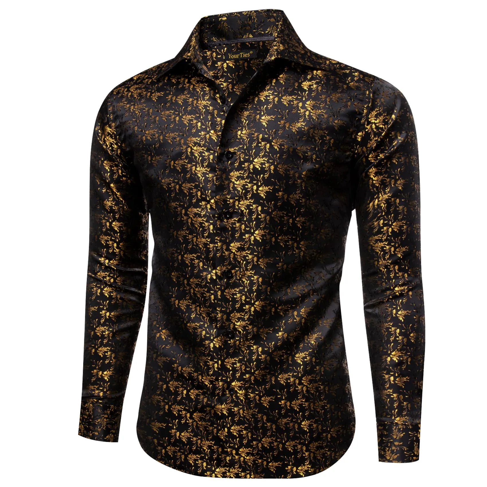 YourTies Black Men's Shirt Gold Jacquar Floral Shirt Silk Dress Shirt