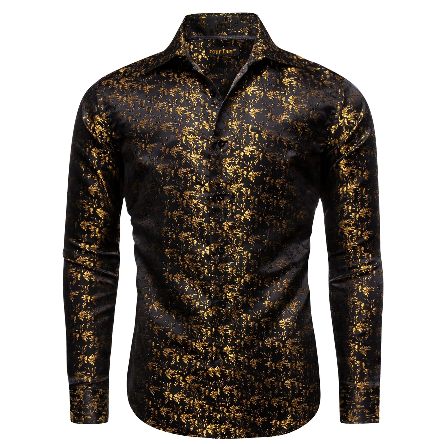 YourTies Black Men's Shirt Gold Jacquar Floral Shirt Silk Dress Shirt