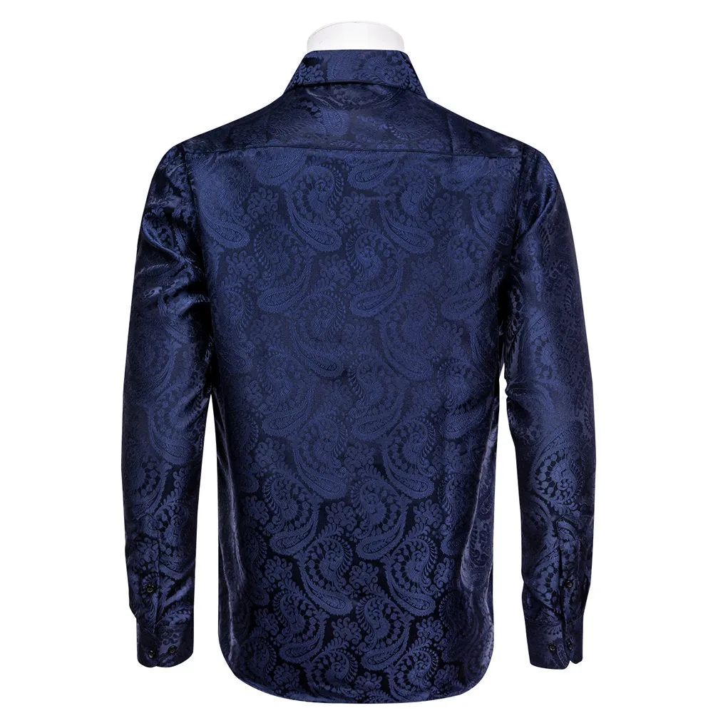 YourTies Men's Dark Blue Paisley Silk Long Sleeve Button Down Shirt