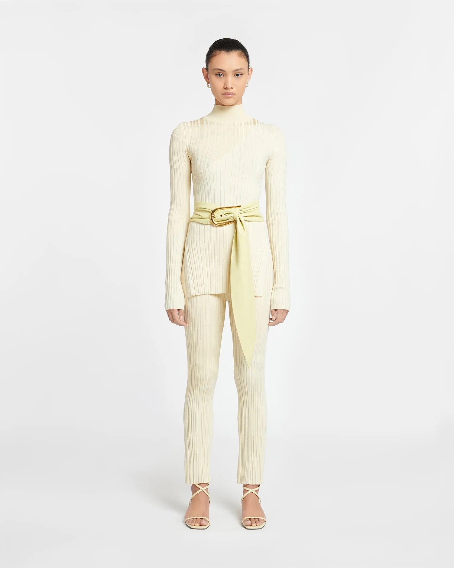 Zareen - Ribbed Merino Wool Turtleneck Top - Lime Yellow/Creme