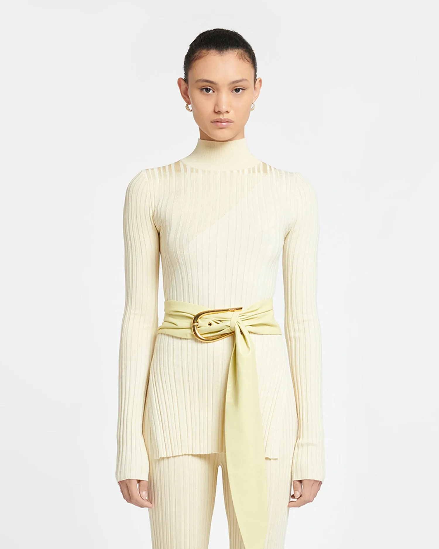 Zareen - Ribbed Merino Wool Turtleneck Top - Lime Yellow/Creme