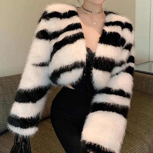 Zebra Print Fur Coat Long Sleeve Top